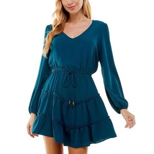 City Studio teal blue long sleeve tiered hem drawstring waist flare Dress Large
